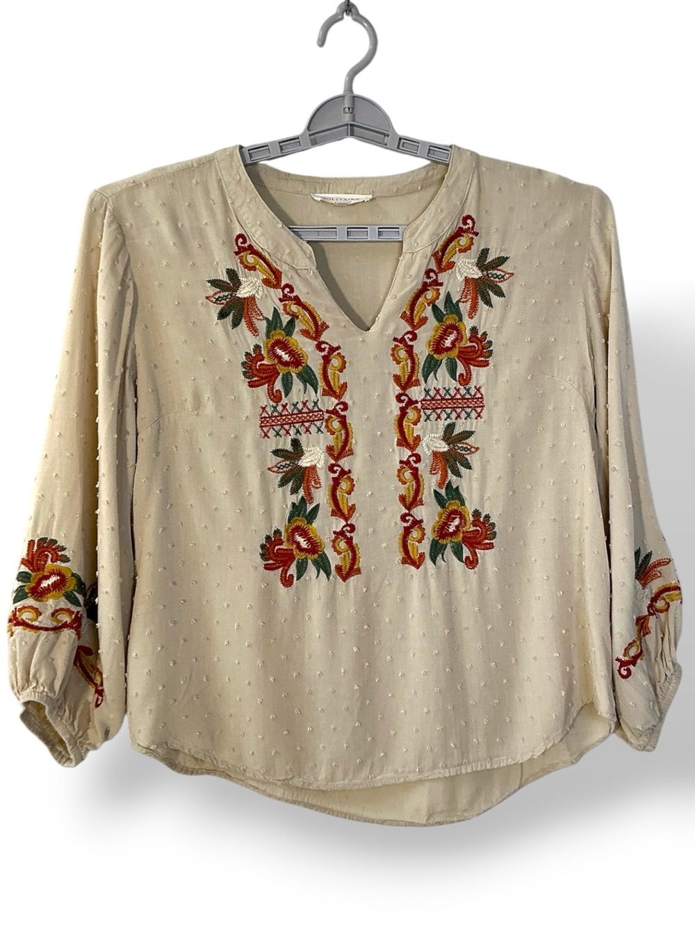 Solitaire Boho Peasant Top Embroidered V Neck Blouse 3/4 Sleeve Beige XL
